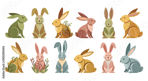 Collection of colorful rabbits in various poses and colors