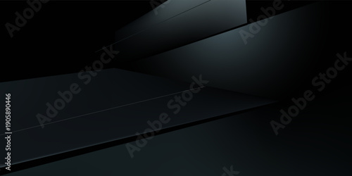 3d rendering of black abstract geometric background. Scene for advertising design, showroom, technology, modern, sport, game, metaverse, cosmetic, luxury, garage. Sci Fi Illustration. Product display