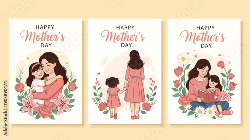 Mothers day greeting card template set with flowers and daughter illustrations