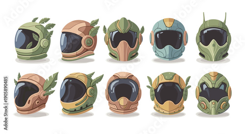 Collection of various futuristic helmets with different designs and colors