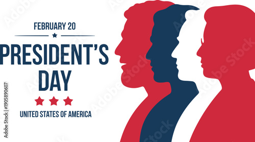 Presidents' Day patriotic illustration with overlapping American leader silhouettes in red white blue colors, United States holiday design vector art, February celebration background