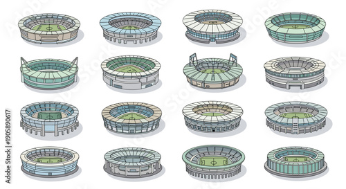 Collection of modern stadiums with diverse architectural designs