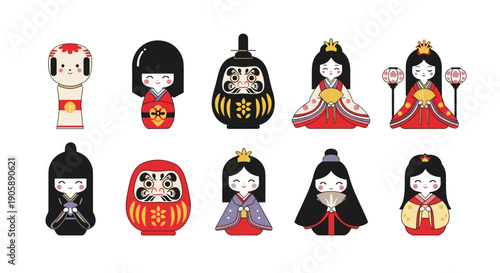 Collection of traditional japanese dolls with colorful clothing and accessories