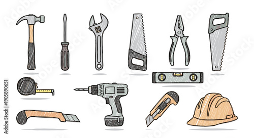 Set of construction tools including hammer screwdriver and saw