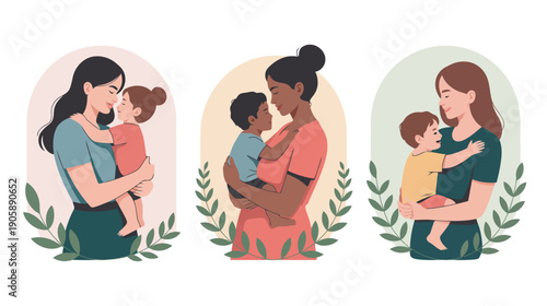 Three diverse mothers embracing their children, motherhood and family bond