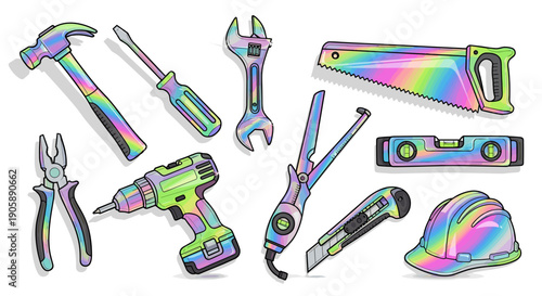 Collection of colorful hand tools and power tools