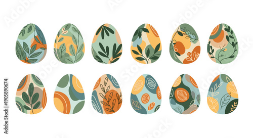 Set of twelve decorated easter eggs with floral and abstract patterns