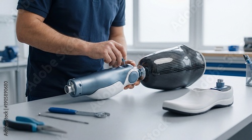 Male prosthetics technician adjusting a prosthetic leg on a workbench. Modern medical technology and artificial limb development for amputation patients.