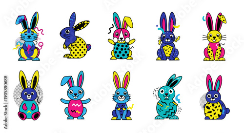 Collection of colorful easter bunnies with various patterns and poses