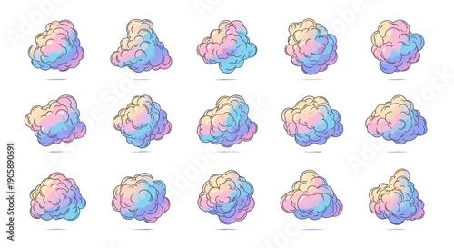 Collection of colorful watercolor clouds