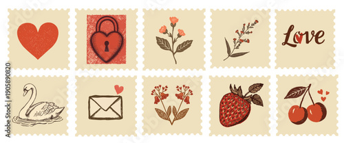 Collection of vintage style postage stamps featuring romantic and floral motifs