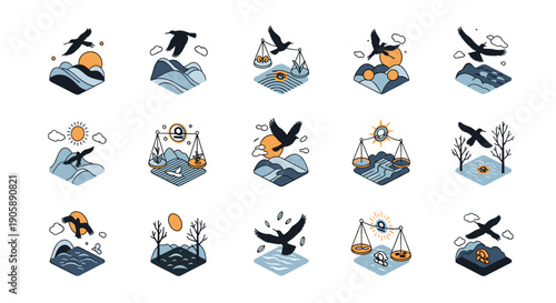 Collection of various business and finance icons in flat style