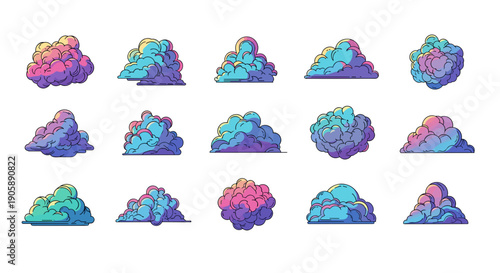 Collection of colorful watercolor clouds in various shapes and sizes