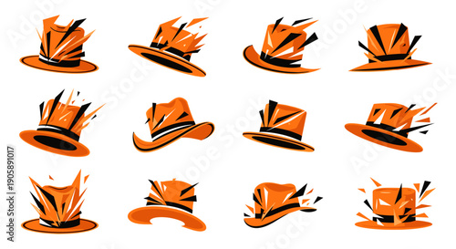 Collection of orange and black hats with various styles and designs