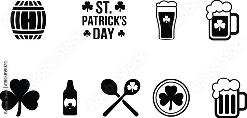 St. Patrick's Day silhouette icons set, shamrock clover, beer mug, barrel, green pint, leprechaun text, Irish pub symbols vector illustration, lucky holiday pack