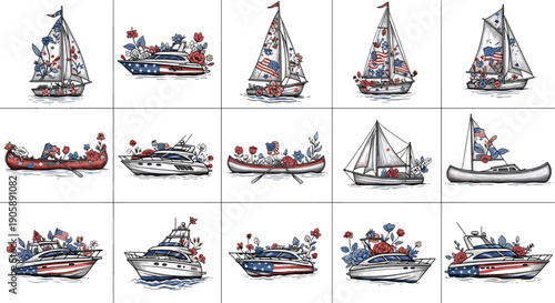 Collection of detailed illustrations of various ships and boats