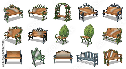Collection of various outdoor park benches with different designs