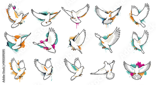 Collection of colorful flying birds in various poses and angles