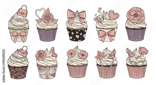 Collection of cute pastel cupcakes with various toppings and decorations