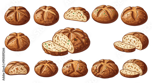 Assorted bread rolls and loaves a plain surface with variety