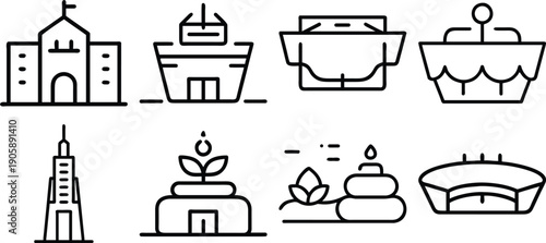 Building web icons in line style. Hotel, hospital, apartament, city, town house, mall, coffee, collection. Vector illustration.
