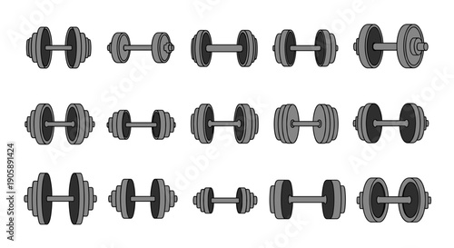Set of various dumbbells for strength training and fitness exercises