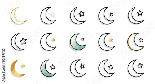 Collection of various crescent moons and stars in different styles