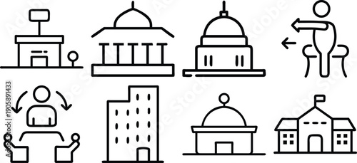 Building web icons in line style. Hotel, hospital, apartament, city, town house, mall, coffee, collection. Vector illustration.
