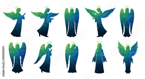 Set of nine colorful angel wings silhouettes