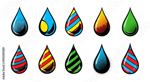 Collection of colorful water droplets with various patterns and colors