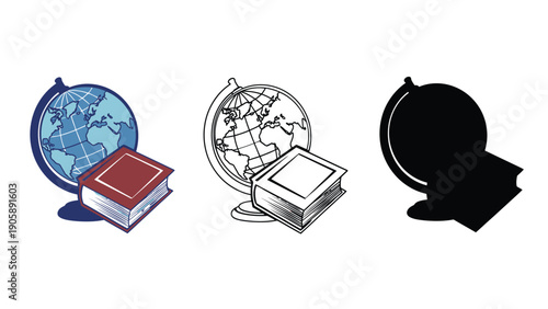 A globe and book illustration in three styles: color, sketch, and silhouette.