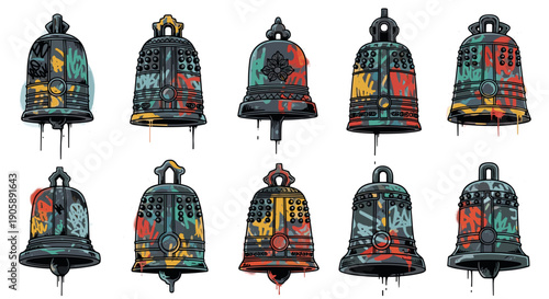 Collection of colorful vintage bells with painted designs and patterns