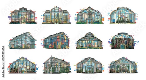 Collection of colorful glass greenhouse structures with diverse designs
