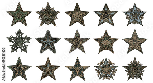 Collection of various metallic military badges and insignias