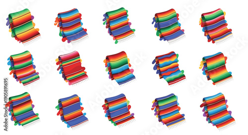 Colorful stacks of folded fabric arranged in multiple patterns