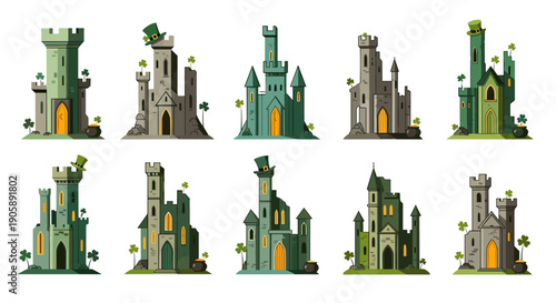 Collection of cartoonstyle medieval castles with towers and walls