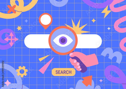 Magnifying glass in a search box on fun childish background. Search bar for information web search and analysis. Search engine optimization and web analytics. AI search engines concept. Vector