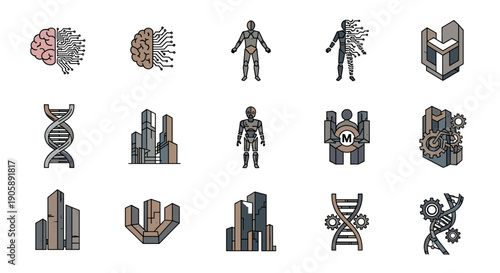 Set of pixel art icons representing science technology and innovation
