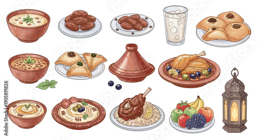 Collection of traditional moroccan dishes with spices and desserts
