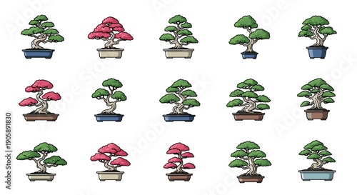 Collection of small bonsai trees in various pots
