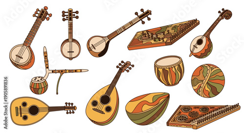 Collection of traditional musical instruments including guitars drums and more