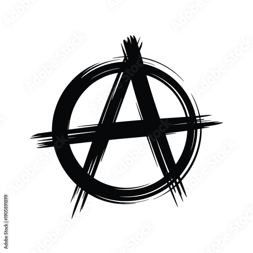 Black and white illustration of an anarchy symbol with brushstroke texture