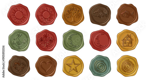 Collection of colorful wax seals with various designs and textures