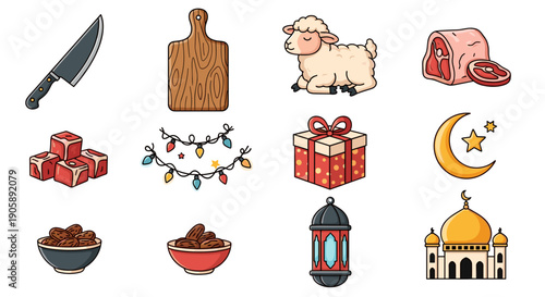 Collection of traditional islamic celebration symbols and items