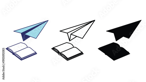 Paper airplanes fly from open books in three different styles.