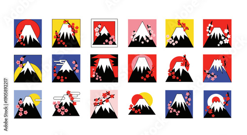 Collection of colorful stylized mountain and volcano illustrations