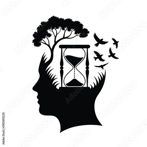 A silhouette of a human head containing a tree hourglass and birds