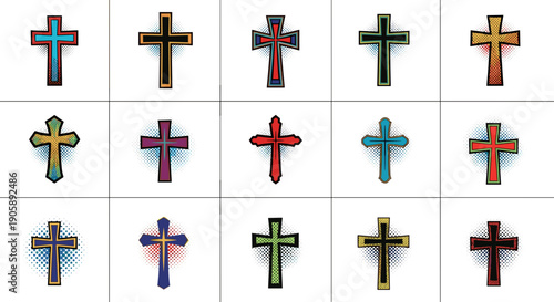 Collection of colorful crosses with various designs and colors
