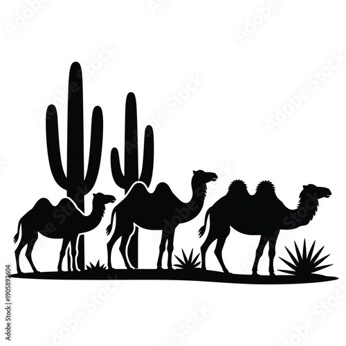 Silhouette of camels walking with saguaro cacti in a desert landscape