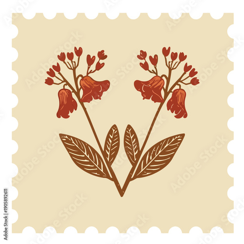 Vintage floral postage stamp illustration with red orange bell shaped flowers
